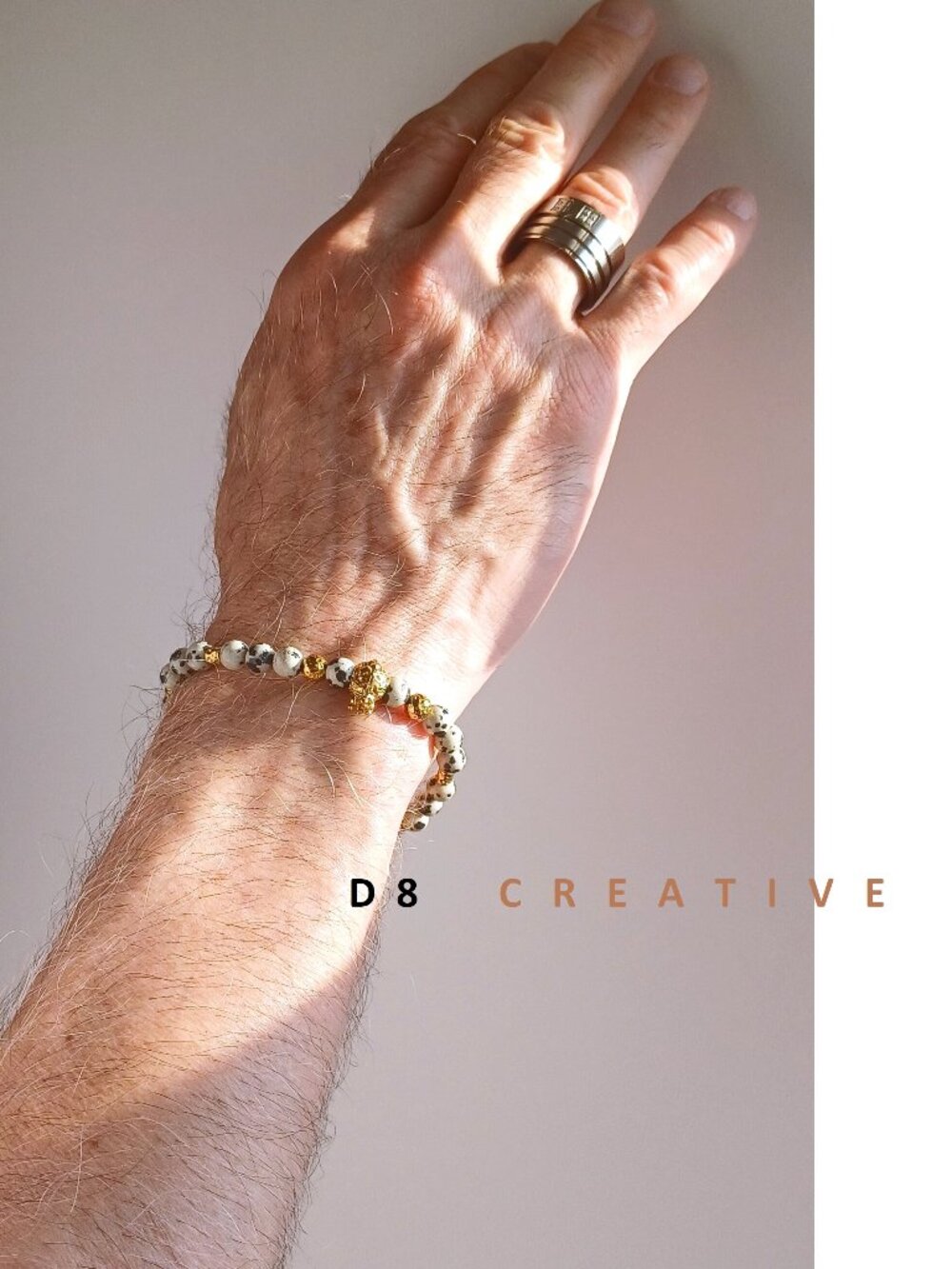 New men's natural dalmatian jasper  with  stainless  steel bracelet